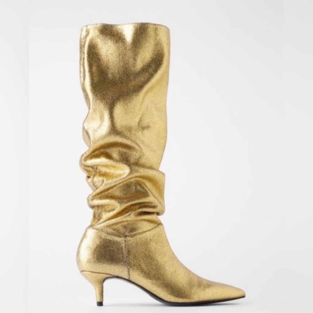 Zara gold slouchy kitten heel boots sz 40 (US 9)
